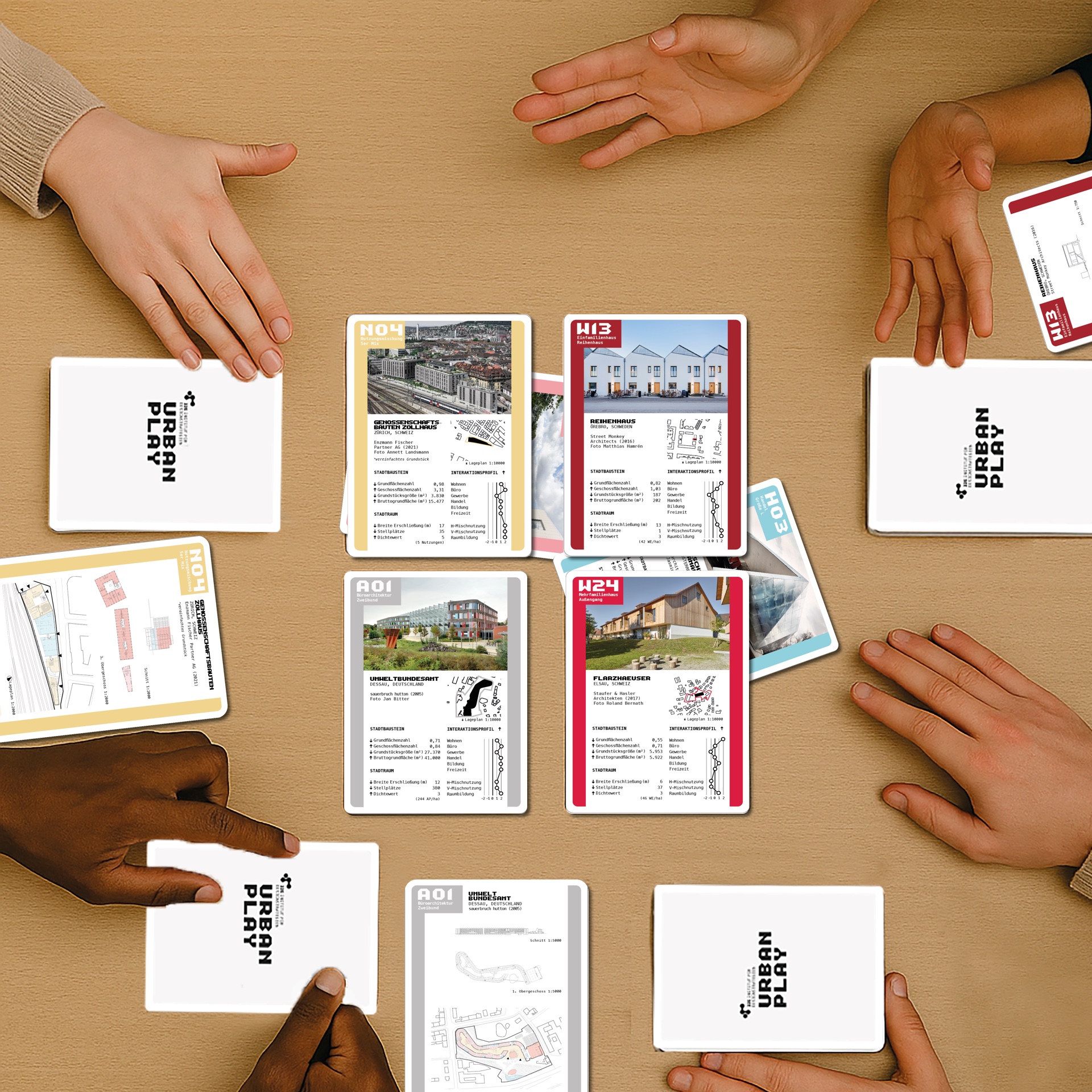 Hands and URBAN PLAY quartet cards on a table